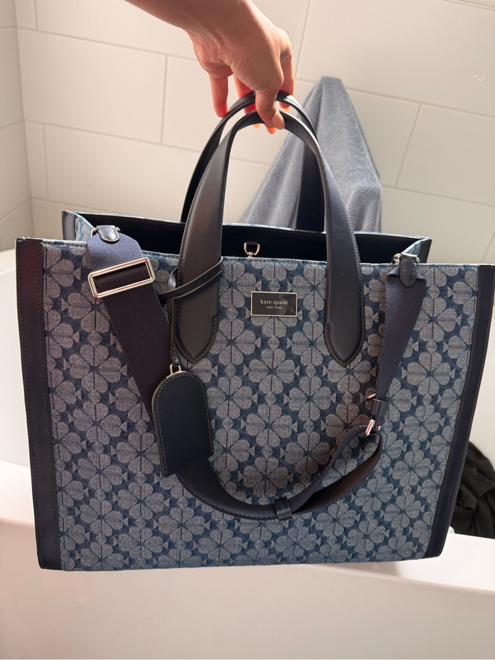 kate spade Navy Floral Jacquard Satchel with Leather Trim